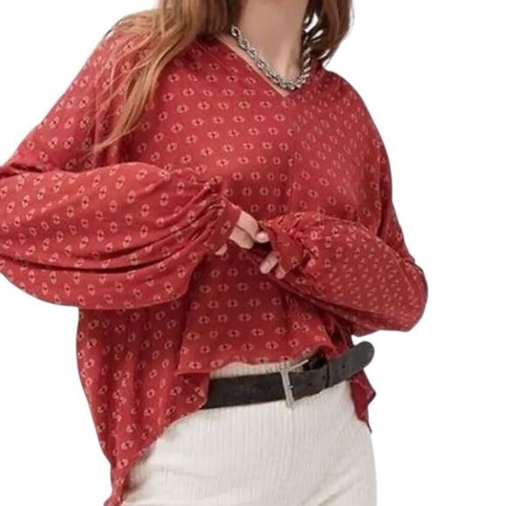 Urban Outfitters UO Printed Rust Murphy Long Sleeve Peasant V-Neck BOHO Blouse